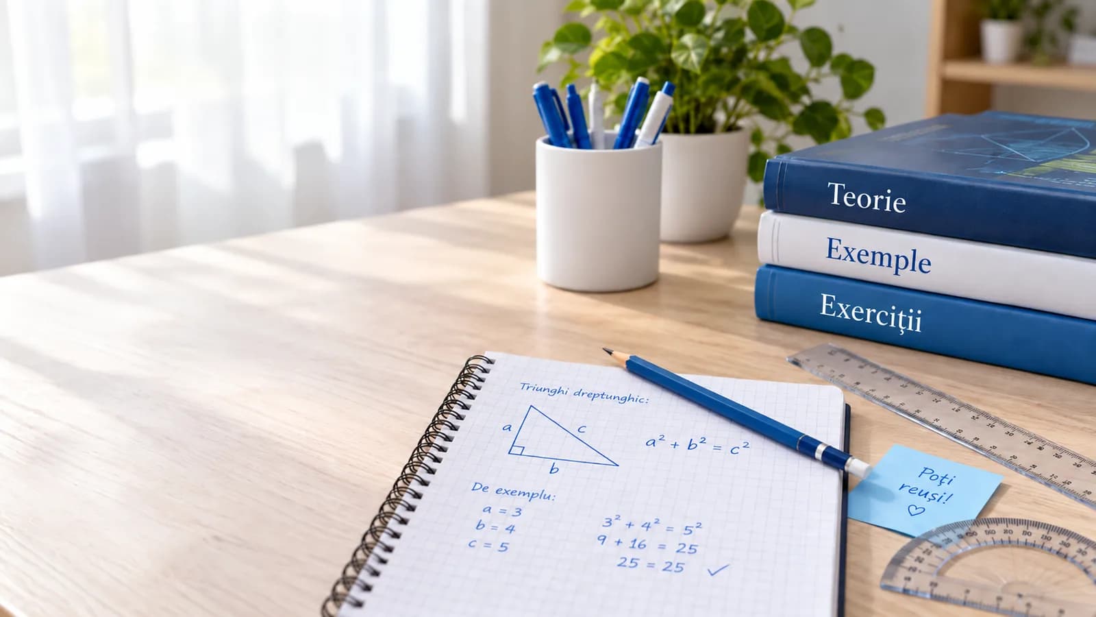 Caiet de matematică, instrumente de geometrie și cărți de studiu
